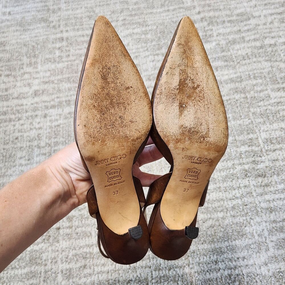 Jimmy Choo women's point toe slingback leather heels brown size 37 IT or 7 US - Picture 9 of 10